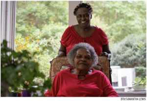 Barbara Ann (standing) and Barbara E (sitting) a mother-daughter duo who both lived in the Covenant Place assisted care facility. The portrait was used in the Daily Tar Heel's special housing edition. 
